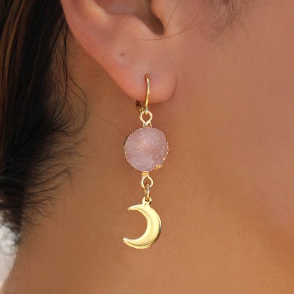 Moon & Star Pink Resin Cuff Stainless Steel Earrings - Picture 3 of 5